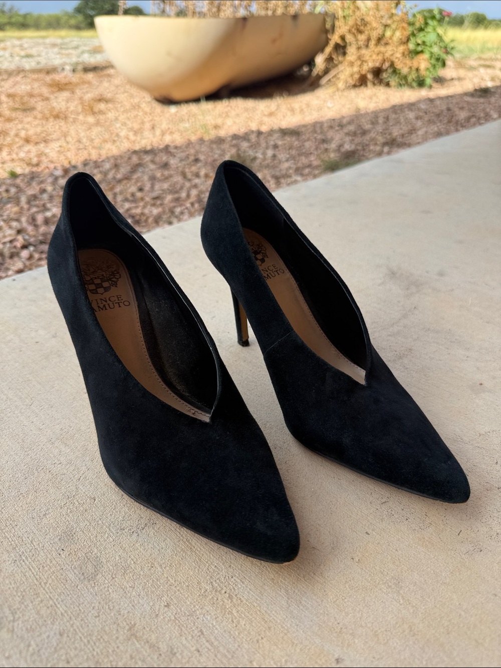 Vince Camuto Black Suede Pointed V-Cut Stiletto Pumps